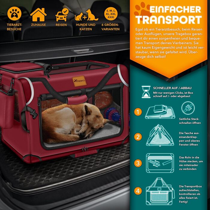 Трейвел-бокс для собак та котів TRESKO® S 50x34x34cm | Розкладний, з підкладкою, лопаткою та світловідбивачами | Для маленьких та великих собак | Червоний