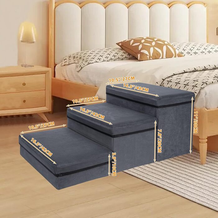 Сходинки для собак з місцем для зберігання, 2 сходинки, складані, широка пандус для домашніх тварин, неслизькі сходи для собак, драбина для домашніх тварин, сходи для собак та котів маленьких та великих порід, темно-сірий 60×40×30 (квадрат)