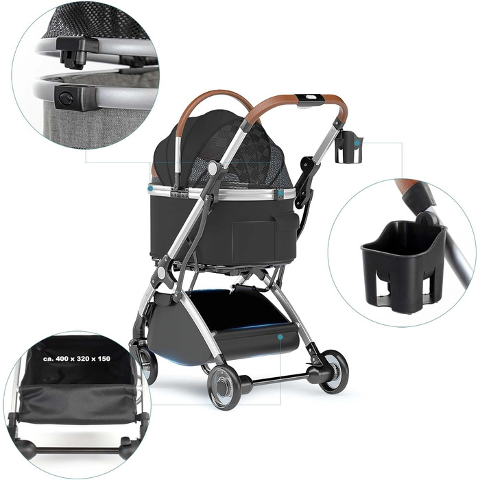 Візок для собак Fudajo 2в1, розкладний, з сумкою-переноскою, для собак та котів (чорний, до 15 кг)