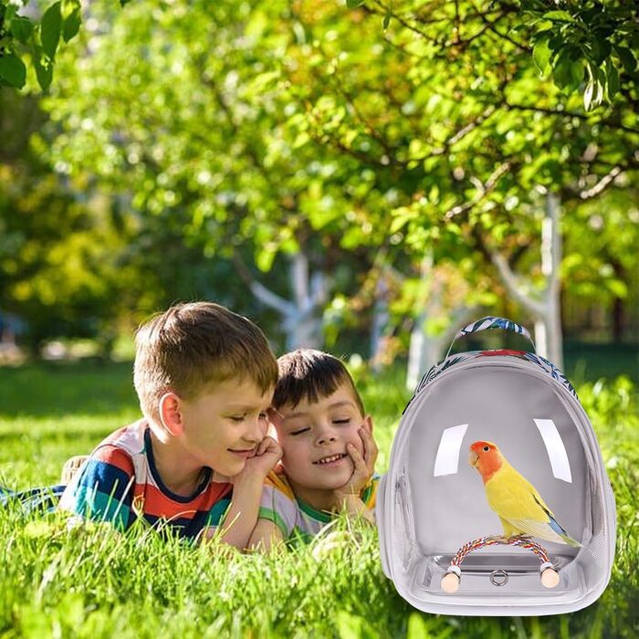 Переноска для птахів Interfashioner® Bird Carrier Rucksack, рюкзак-переноска з підкладкою та підставкою (Сірий з пір'ям) (Квітковий мотив)