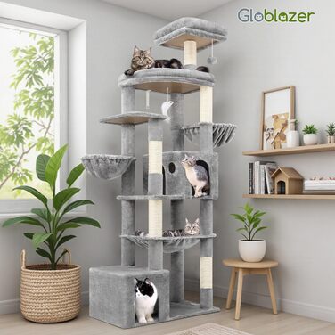 Драбина для котів Globlazer XXL 193 см з будиночком, гамаком, платформами та іграшками. Стабільна для 3-5 котів. Сірий колір.