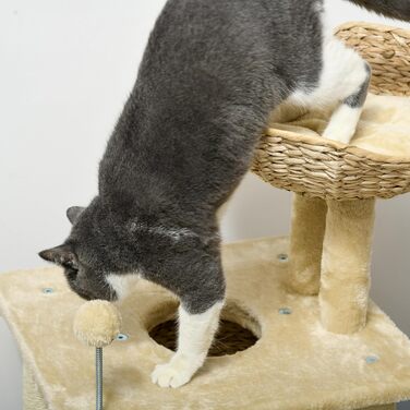 Когтеточка для котів PawHut, 74 см, з будиночком, ігровим м'ячем та лежаком, для котів до 5 кг, бежевий колір