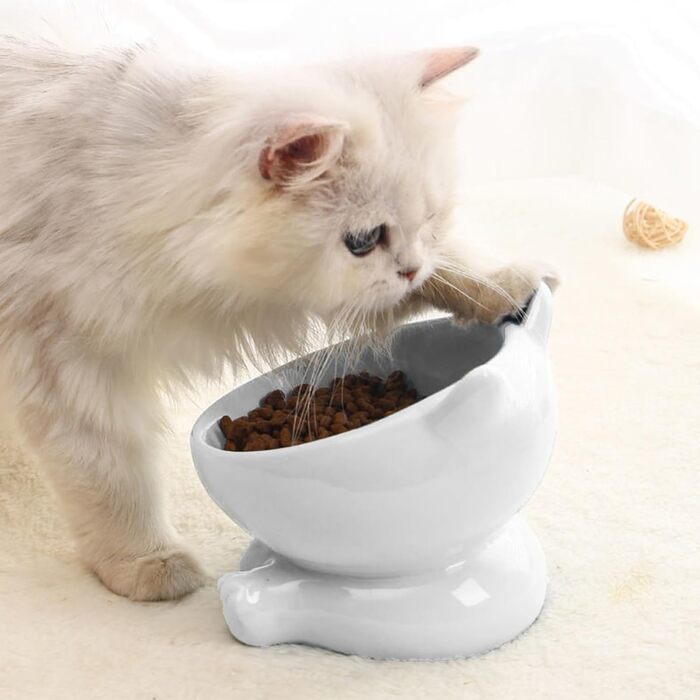 Миска для кота з кераміки, піднята, протиковзна, 15° нахил, для корму та води, підходить для котів та кошенят (біла)
