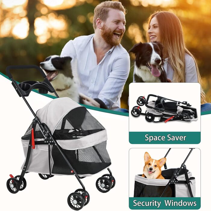 Візок для собак 2 в 1, бугі для собак до 20 кг, 4 пари поворотних коліс на 360°, візок-переноска для собак/кішок з тримачем для напоїв, складаний візок для маленьких/середніх собак та котів (сірий)