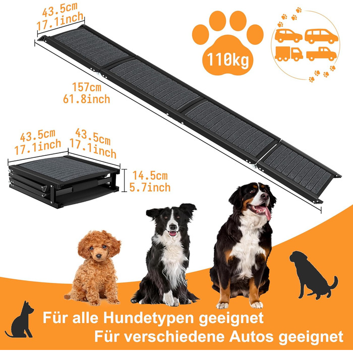 Рампа для собак Hunderampe 157 см: складана, для автомобіля, до 110 кг, з антиковзким покриттям та зручною ручкою (чорна)