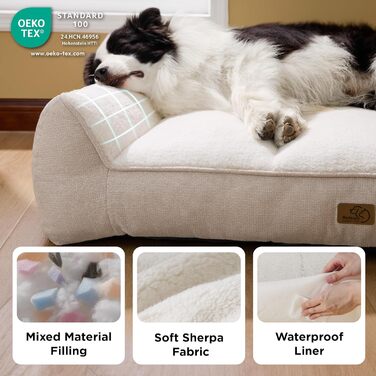 Ліжко для собак BEDSURE великих порід - 89x63 см, товста підтримка, водонепроникна наволочка, антиковзаюча корзина, м'який плюш Sherpa (106x76x24 см, кремовий)