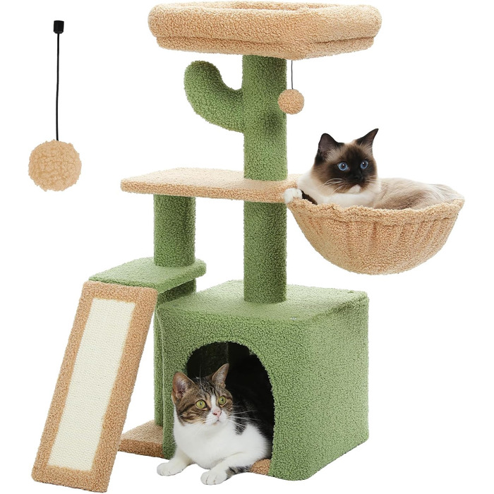 Дряпка для котів PAWZ Road Кактус з гамаком, кошиком і лежаком, зелена, 80 см, для маленьких котів
