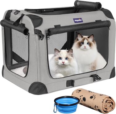 Petprsco Велика переноска для котів і собак, 61x43x43 см, з теплою ковдрою, складаною мискою та м'якою підстилкою, для подорожей