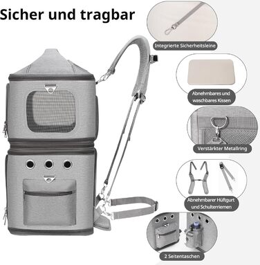 Рюкзак-переноска для котів FASNATI на 2 котів до 12 кг, сірий, для подорожей та кемпінгу