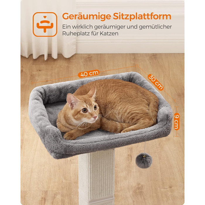 Feandrea Когтеточка-дряпка для котів 71 см, сірий, із платформою 40x30 см, стовпчиком із плетеного сизалю, плетена основа 45x40 см, з іграшкою, плюш