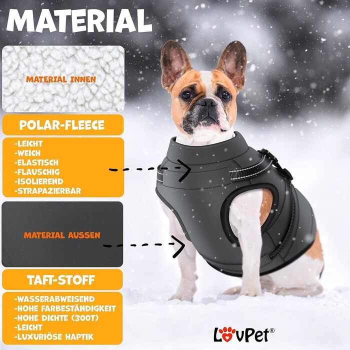 LOVPET® Зимова куртка для собак 2XL, антрацит, утеплена та водонепроникна з вбудованим шлеєю, світловідбивачами, D-кільцем, 45 пакетів для прибирання та диспенсером