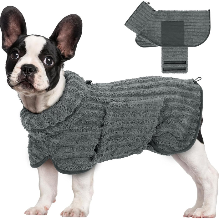 Рушник для собак з мікрофібри, швидковисихаючий, з клямками та регульованою гумкою, можна прати в машині, підходить для великих, середніх та маленьких собак (S, сірий)