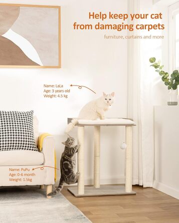 Дерев'яний комплекс для котів FourFurPets, 68 см, з трьома сизалевими стовпчиками, платформами 56x40 см, колір Greige