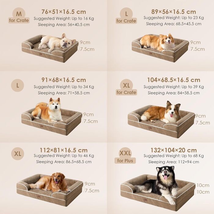 Ортопедичне ліжко для собак EHEYCIGA, 89x56 см, Memory Foam, для собак середніх та маленьких порід, водонепроникне, з високим бортиком, Kamel