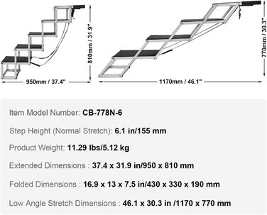 Сходинка для собак VEVOR - 5 сходинок, 77-81 см, для авто, SUV та LKW. Легка та складана, з антиковзким покриттям