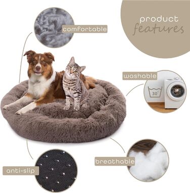 М'яке ліжко для собак та котів Paco Home: кругла подушка-донать, бежевий колір, розмір Ø100 см, 100x100x20 см, зручне та миється