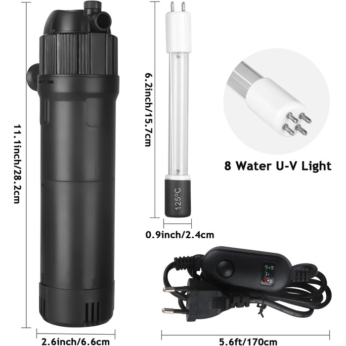 Фільтр для акваріума ITIY 5-в-1 з UV-фільтром, 650 л/год, 6W, таймер, регульований на 180°, для малих акваріумів, тропічних акваріумів, та акваріумів для черепах. UV: 8W