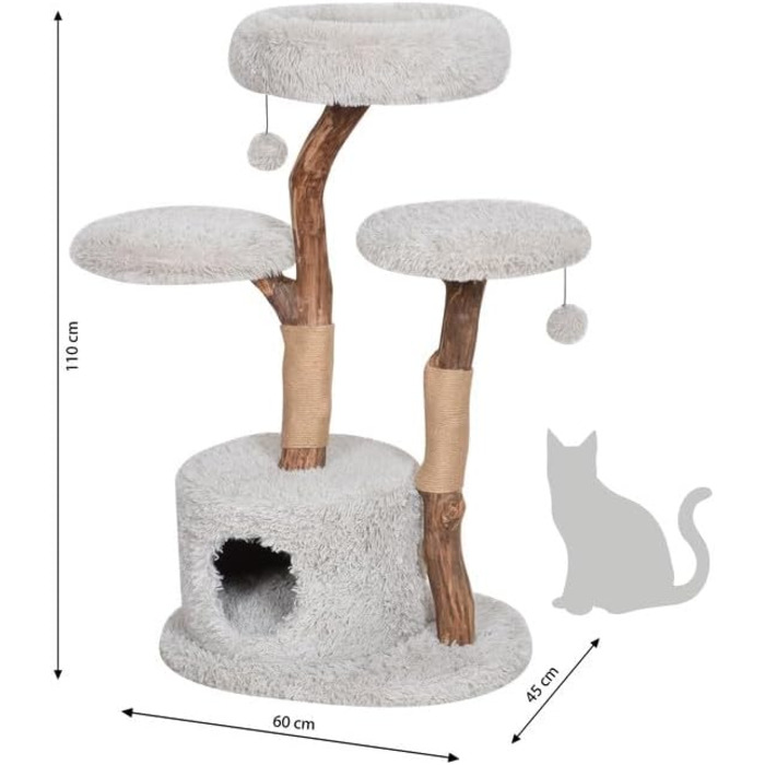 Dehner Premium Котячий кігтеточка Lovely, сучасний котячий комплекс з дерева, плюшу та сизалю, з будиночком та лежанкою, для великих і малих котів, стабільний, світло-сірий, 110x60x45 см