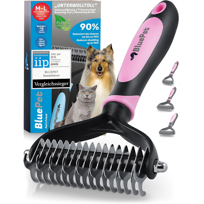 Гребінець для собак та котів з довгим хутром BluePet: видаляє підшерстя та ковтуни, захищає верхній шар, для собак M-L, рожевий