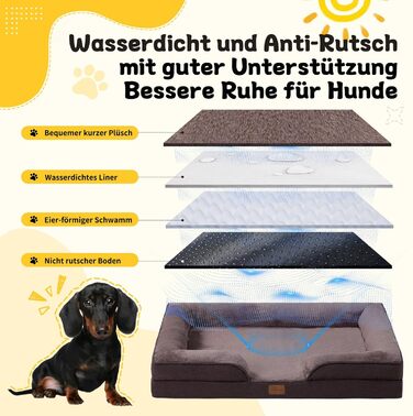 Ортопедичне ліжко для собак середніх та великих порід 109x84x21 см, з високощільним губчатим наповнювачем, знімний водонепроникний чохол, зручне, нековзне, (Коричневий, L)