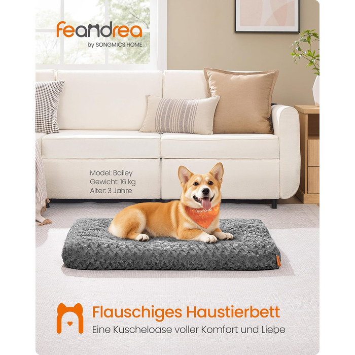 Ліжко для собак Feandrea XL, плюшеве, 110 x 73 см, для великих собак, м'яке, миється, нековзне, сірий PGW293GN01 (L 95 x 60 x 10 см)