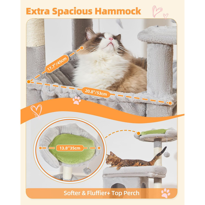 Котячий будиночок Taoqimiao MS032G: великий когтетоп для дорослих котів, XXL, міцний, з 8 стовпчиків для дряпання та великою гамаком (світло-сірий)