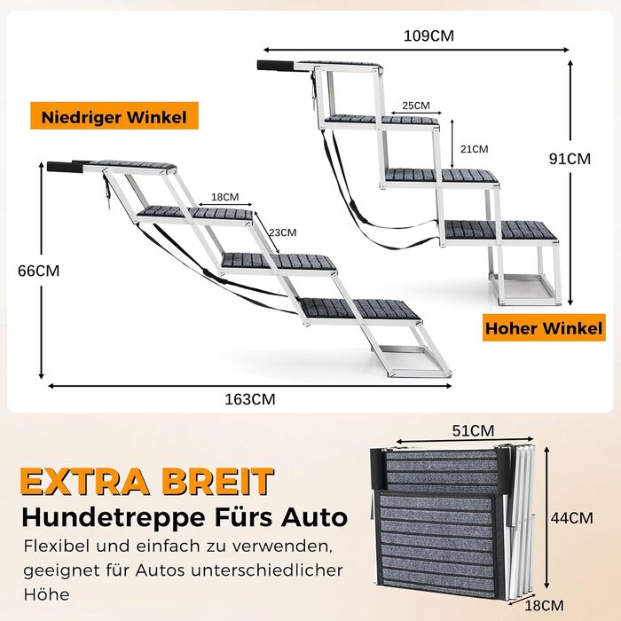 Сходинка для собак у машину: широка, 4 сходинки, з килимом, для великих собак, вантажівок та SUV (підтримка до 100 кг)
