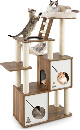 Дерев'яний котячий комплекс COSTWAY 145см, серія Badminton, з гамаком та 2 будиночками, сходинками, великий, з сизалевими стовпчиками, активний, коричневий+натуральний колір