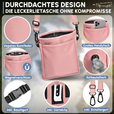 Футляр для ласощів для собак Ostfriesenpfoten® 'Frieda' з високоякісної штучної шкіри, пудрово-рожевий, розмір L, з магнітною застібкою EasyOpen, сумка для ласощів для собак, рожевий, L