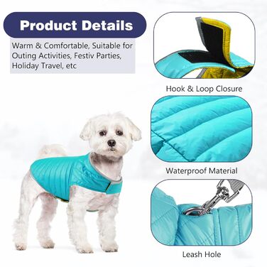 PETCUTE Зворотна куртка для собак, зимова, водонепроникна, для цуценят, з отвором для повідка, L, блакитний+жовтий