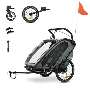 Hauck Bike N Walk Duo - 3в1 велопричіп для двох дітей з амортизацією, ручним гальмом та регульованими спинками (Dark Green)