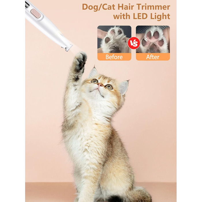 Триммер для догляду за лапами собак та котів з LED-підсвічуванням, USB-C, тихий, водонепроникний