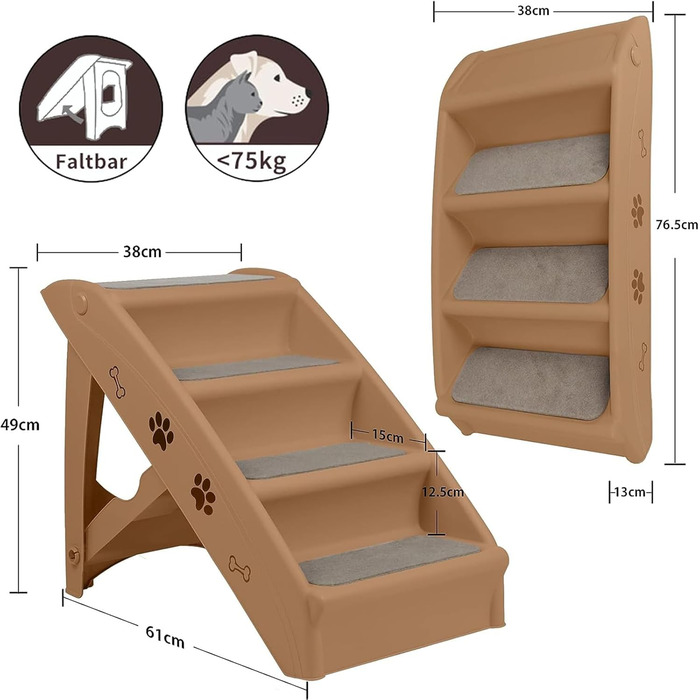 Сходинка для собак та котів Aufun: 4 сходинки, портативна, з антиковзним покриттям, 50 см, вантажопідйомність 75 кг, для ліжка/дивану (колір: коричневий)