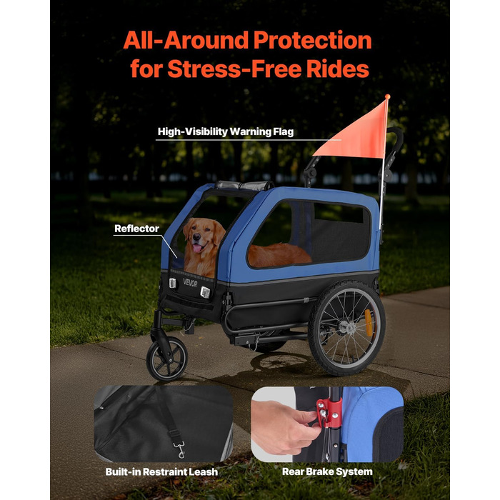 Причіп для собак VEVOR до 40 кг, 2-в-1, для маленьких та великих собак, з розкладним каркасом, універсальний з'єднувач, з прапорцем, внутрішній поводок, 1380x755x800 мм