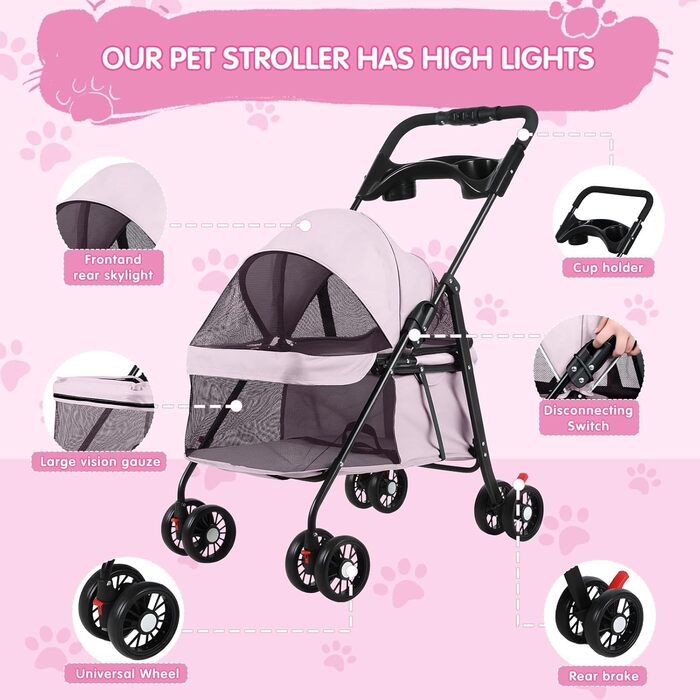 Дитяча коляска для тварин з 4 колесами, легка, складана, рожева. Підходить для котів та собак, вантажопідйомність 7,5 кг