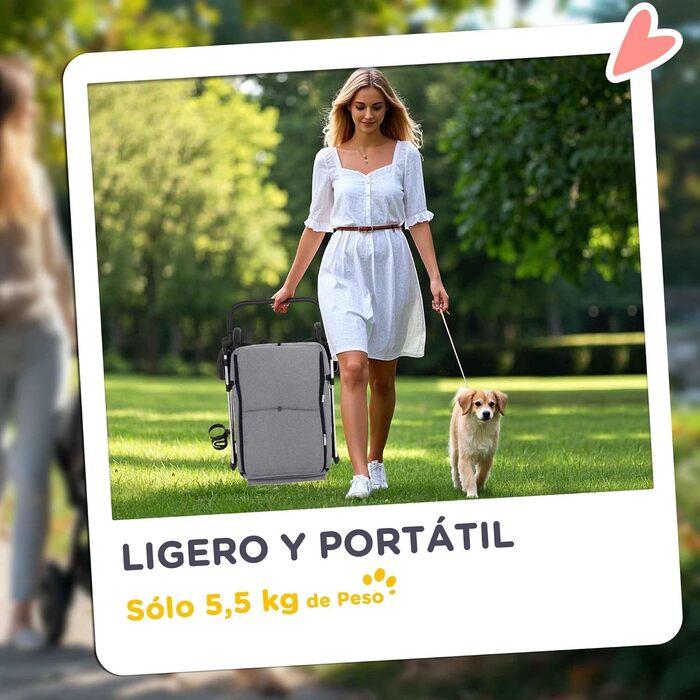 Візок для собак PawHut Faltний, маленький, з універсальними колесами, ременем безпеки, знімним килимком та вікном, сірий/світло-сірий, 80x48,5x106 см