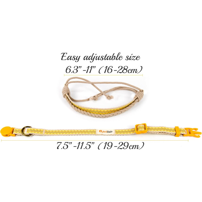 Нашийник для кота Pettsie з безпечною застібкою та браслетом дружби, міцна бавовна, D-подібне кільце для аксесуарів, регульований розмір 19-29 см, (19 - 29 см, жовтий)