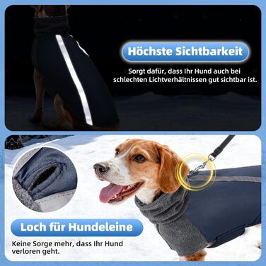 Зимова куртка для собак SlowTon з флісу, водонепроникна та вітронепроникна, з нашийником-гетром та світловідбиваючими смугами, регульована, для цуценят (Темно-синій, L+)