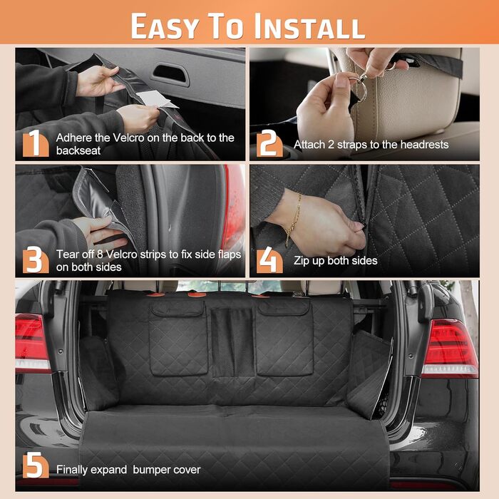 Накидка для собак у машину Gimars, 157x137 см, водовідштовхувальна, стійка до подряпин, універсальна, з передньою панеллю та оглядовим вікном, чорний & оранжевий, килимок у багажник