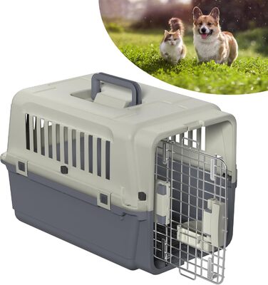 YARDIN переноска для собак і котів з пластику, авіабокс 60×39,5×44 см, темно-сіра, з контейнером для корму та підставкою для сечі