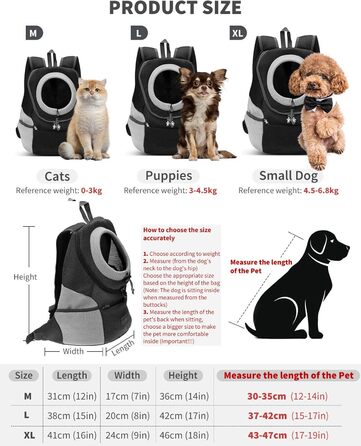 PETCUTE Рюкзак для тварин: дихаючий, регульований, з вікном, для собак та котів, чорний, L (38 x 20 x 42 см), схвалений авіакомпаніями