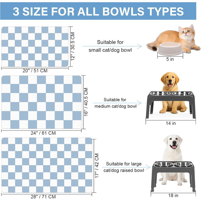Килимок для котячого/собачого корму BLESWIN - антиковзаюча підстилка під миски для тварин, чорно-білий, 51x30,5 см