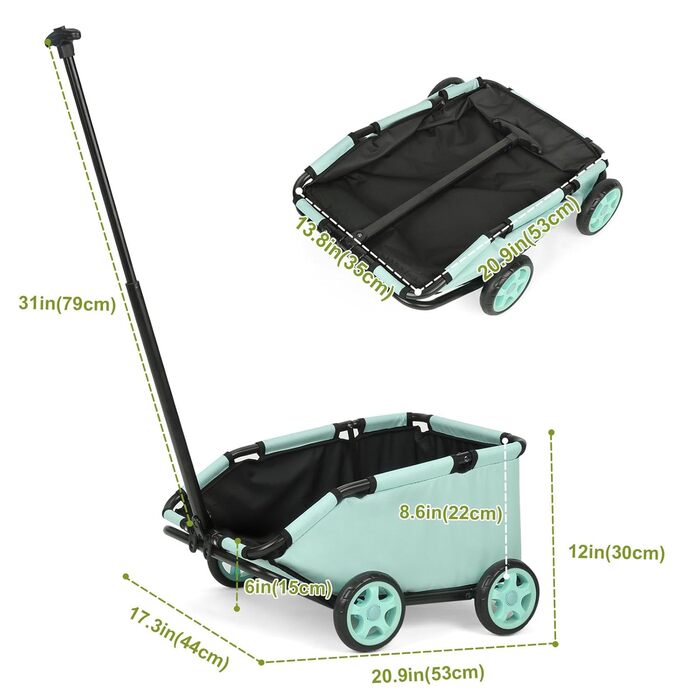 Складаний візок для маленьких тварин: візок-шопер з кишенькою, зручний ручка-телескопічний тягач, м'яке ліжко та страхувальний ремінь (Темно-зелений, Блакитно-зелений)
