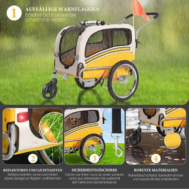 Причеп-перевозник для собак 2-в-1 для велосипеда та бегу - для собак до 30 кг, складний, з гальмами, сигнальним прапорцем, для активного відпочинку та дому, легко збирається (Жовтий)
