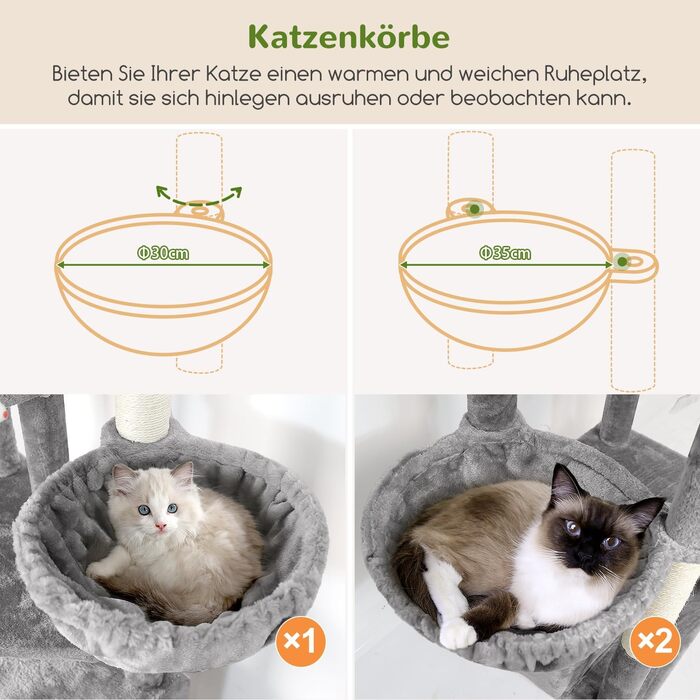 Драбина для котів Globlazer 204 см з 3 будиночками, 2 великими платформами, 3 м'якими кошиками, стабільна для 3-5 котів, для відпочинку, ігор та дряпання, сірий колір (XXL)