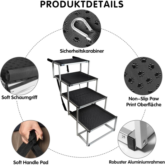 Східці для собак у машину SDLDEER, 4 сходинки, складані, регульована висота, до 80 кг, 64-68 см