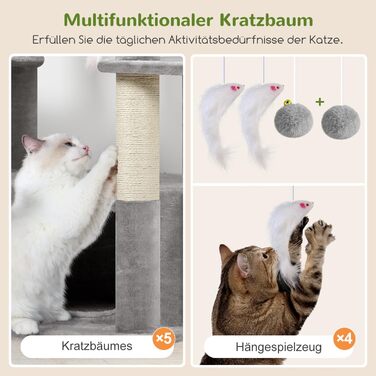 Драбина для котів Globlazer 204 см з 3 будиночками, 2 великими платформами, 3 м'якими кошиками, стабільна для 3-5 котів, для відпочинку, ігор та дряпання, сірий колір (XXL)