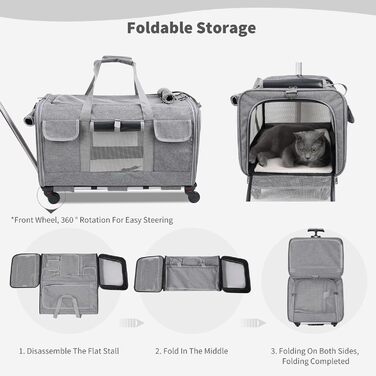 Транспортна сумка для котів PETCUTE з колесами, дихаюча переноска для 2 котів, складана переноска для собак з телескопічною ручкою, знімний килимок, ідеальна для подорожей, темно-сіра