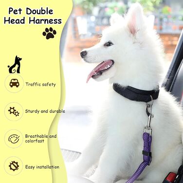 Ремінь безпеки для собак у машину, еластичний, подвійний, регульований (фіолетовий)