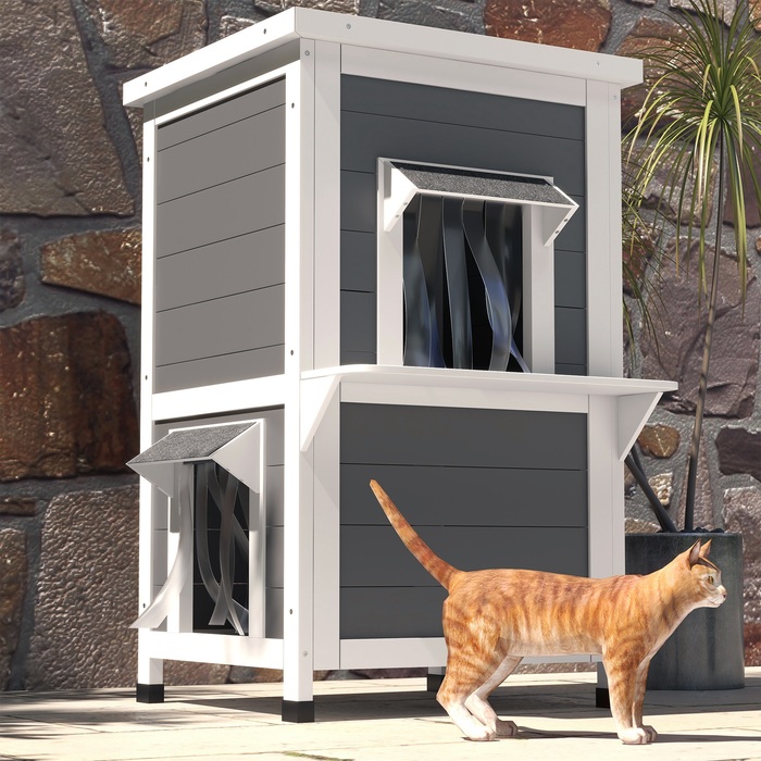 PawHut Cat House Дерев'яний 2-х ярусний стійкий до погодних умов будиночок для кішок з дахом, сірий і білий, 60x60x81.5см | Аосом